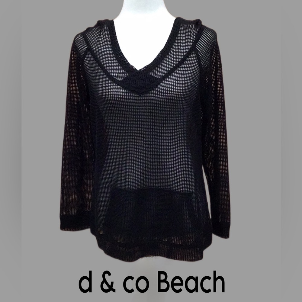 d & co‎ Beach Black Mesh Hooded Swimsuit Cover-Up, Muff Pocket, Size Small